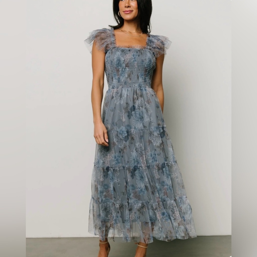 Baltic Born Clementine Tulle Midi Dress in Dusty Blue Floral XL + new with tags